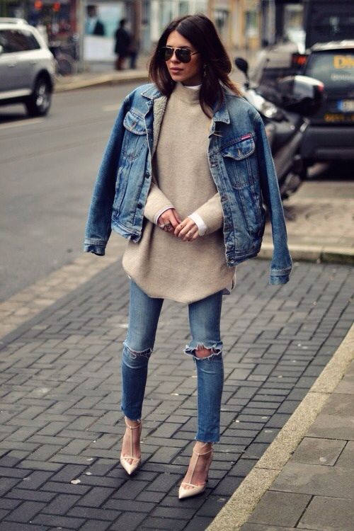 double denim look with an oversized nude sweater