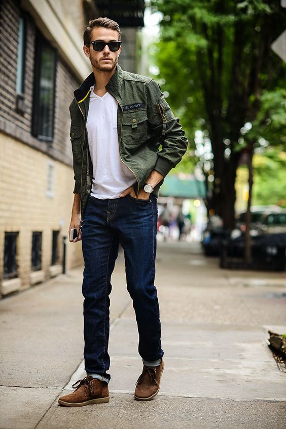 jeans, a white tee, a military jacket and brown suede shoes
