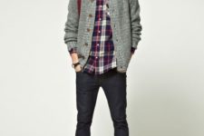 11 navy denim, a plaid shirt, a grey cardigan and suede boots