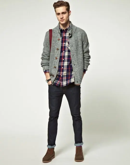navy denim, a plaid shirt, a grey cardigan and suede boots