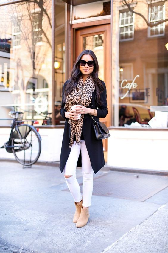 white skinnies, a black long blazer, neutral ankle boots and a leopard-print scarf