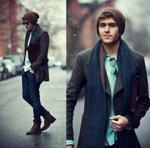 jeans, a brown blazer, a shirt and a scarf, boots and a beanie