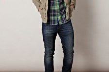 14 navy skinnies, a plaid shirt, an olive military jacket and brown chucks