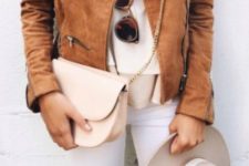 17 brown leather jacket, white jeans, a white top and a nude hat