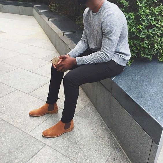 ocher suede boots, black jeans, a grey sweater (good early fall outfit)