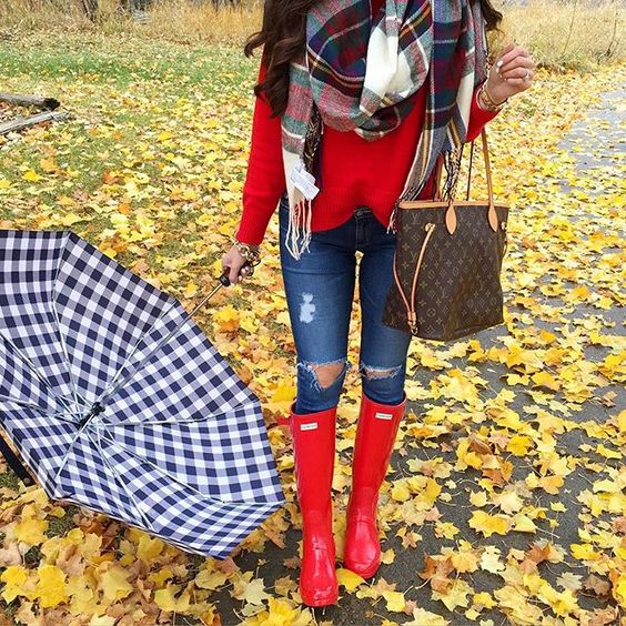 ripped denim, a red jersey, a plaid scarf and red rain boots