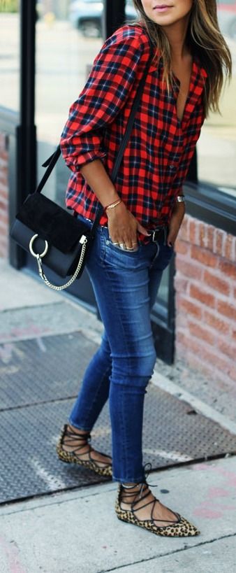 red plaid button down, skinnies and leopard lace up flats