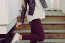 19 burgundy jeans, a white shirt, white Converse and a black leather jacket