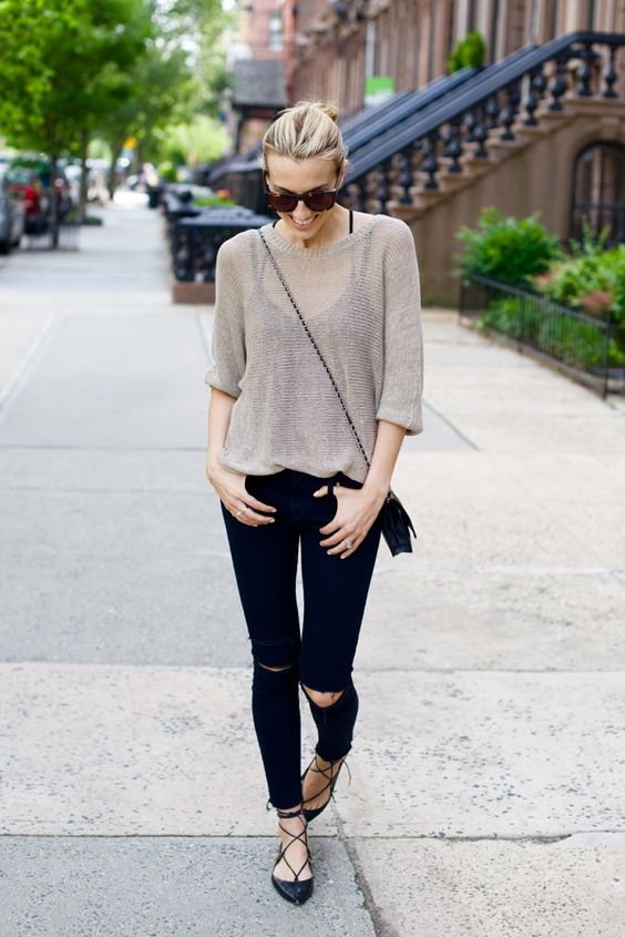 sheer top, a black top, black skinnies and lace up flats