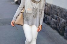 19 white jeans, a grey sweater, a grey blanket scarf and nude loafers