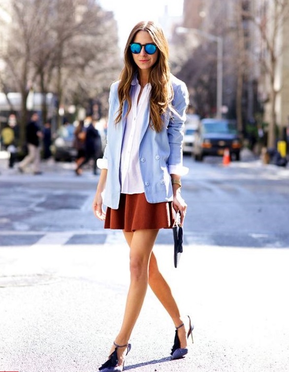 A-line skirt, a white button down, a serenity blazer and blue shoes