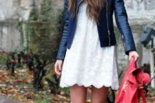 21 a white lace dress, a leather jacket and a chic beanie