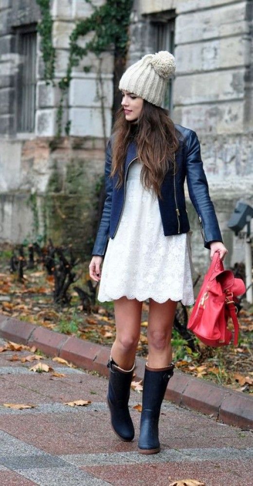 a white lace dress, a leather jacket and a chic beanie