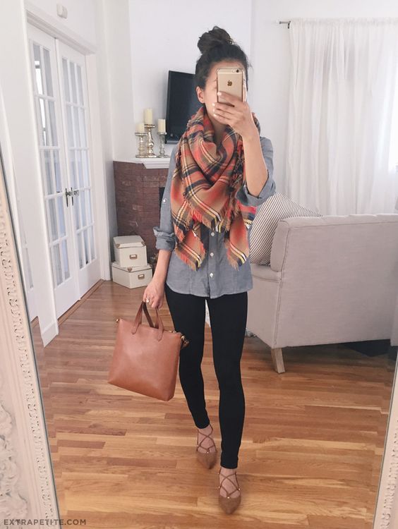 23 black leggings, a grey shirt, tan lace up flats and a plaid scarf