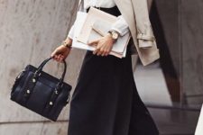 23 black midi skirt, a white button down, a nude jacket and heels