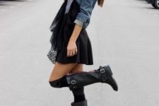 23 black skater skirt, hunter boots, leg warmers, a denim jacket and a blush scarf