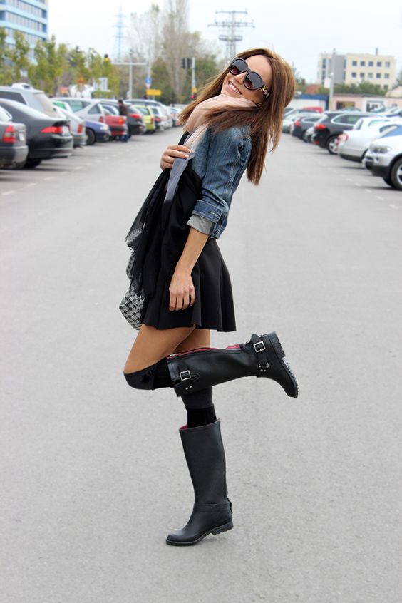black skater skirt, hunter boots, leg warmers, a denim jacket and a blush scarf