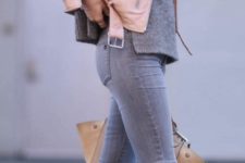 23 grey jeans, a grey sweater, glitter shoes and a blush jacket