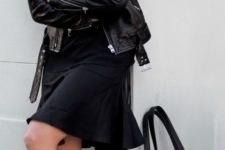 27 black over the knee dress and a leather jacket