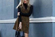 28 suede dress, a black jersey, black ankle boots