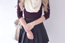 29 black pleated skirt, a burgundy shirt, a white scarf