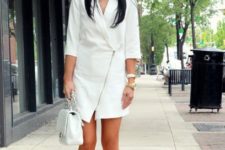 All white look with dress, heels and crossbody bag