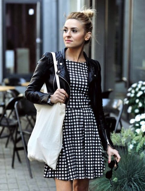 Black and white mini dress with leather jacket