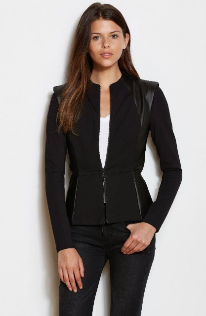Black jacket with leather decor, white shirt and skinny trousers