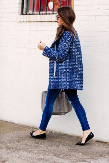 Blue color tweed coat with jeans and black flats work outfit