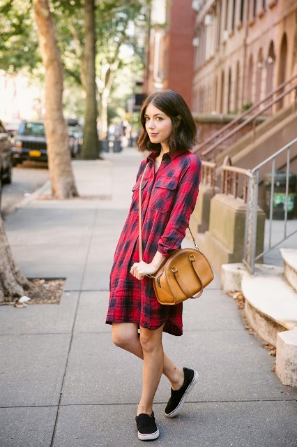 Cute look with plaid shirtdress, leather bag and slip on sneakers