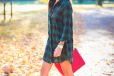 Fall outfit with plaid dress and heeled boots