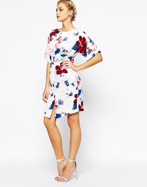 Floral printed dress with white heels