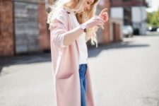 Gentle look with light pink coat, white shirt and jeans