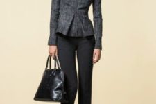 Gray jacket with cropped black pants