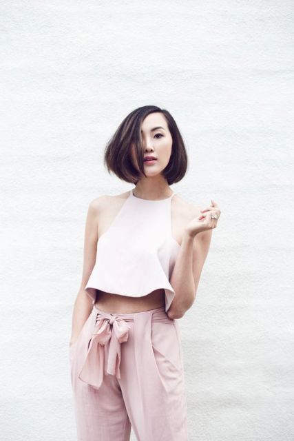 Light pink trousers with pastel crop top