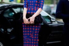 Midi blue and red dress with velvet clutch