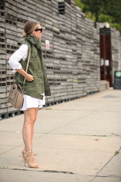 WIth white shirtdress and heels