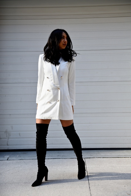 White dress with black high boots