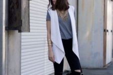White long vest with black pants and printed shoes (great look for an office)