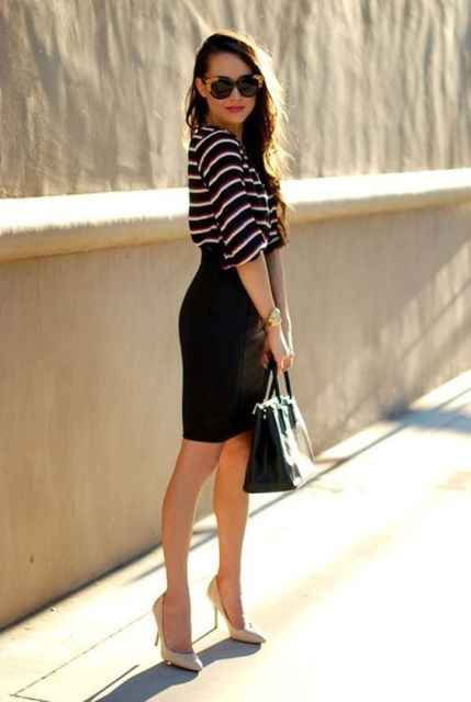 With black pencil skirt and beige pumps