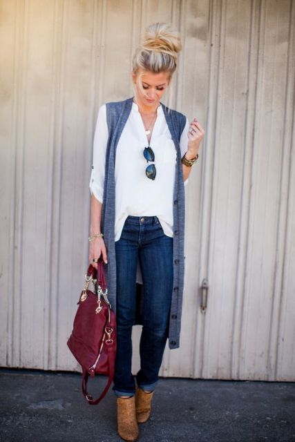 With button down shirt, jeans and boots