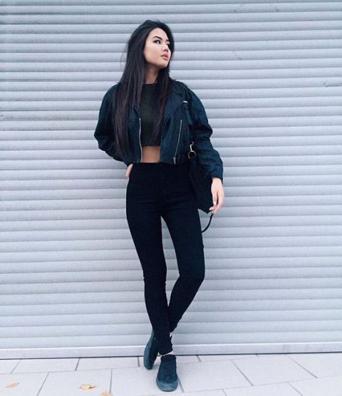 With crop top and black leggings