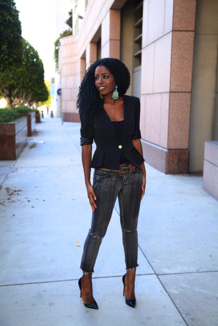 With cropped jeans and black pumps
