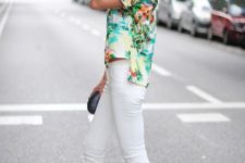 With floral shirt and white jeans