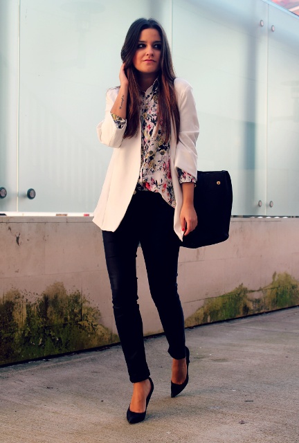 With gentle blouse, white long jacket and pumps