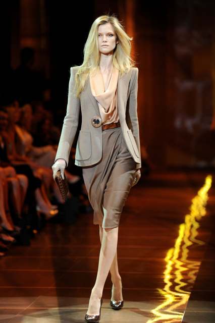With gray jacket and pencil skirt
