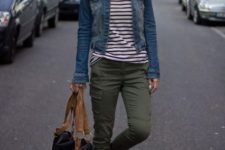 With green pants and denim jacket