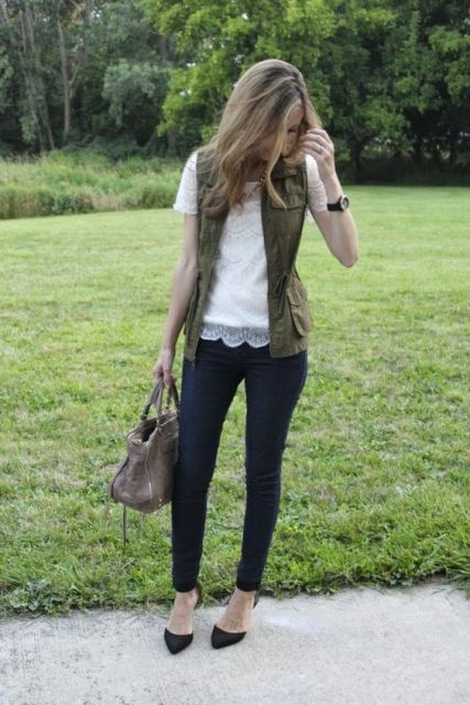 With lace blouse and skinny pants (would work as an office look)