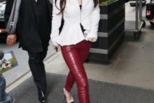 With leather pants and trendy shoes