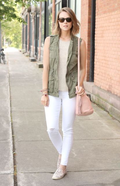 With nude shirt, white jeans and loafers